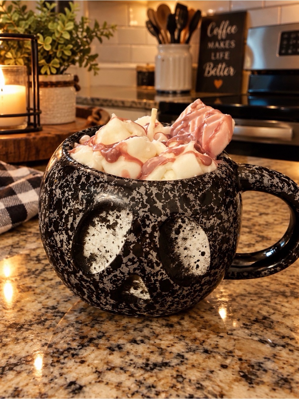 New Halloween ceramic mug with hot chocolate scented soy candle. 16 oz